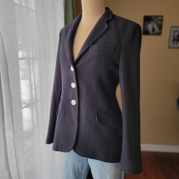 Ralph Lauren Navy Women's Blazer with White Buttons 100% Silk Size 4 - Picture 2 of 10